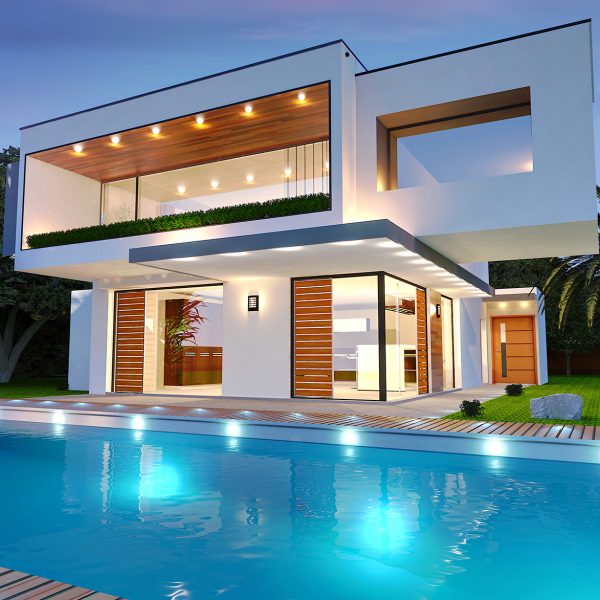 casa moderna com piscina e iluminação