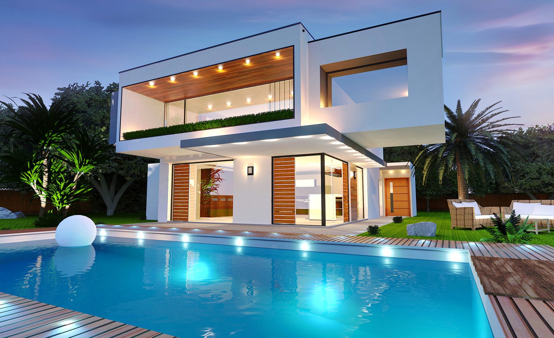 casa moderna com piscina e iluminação